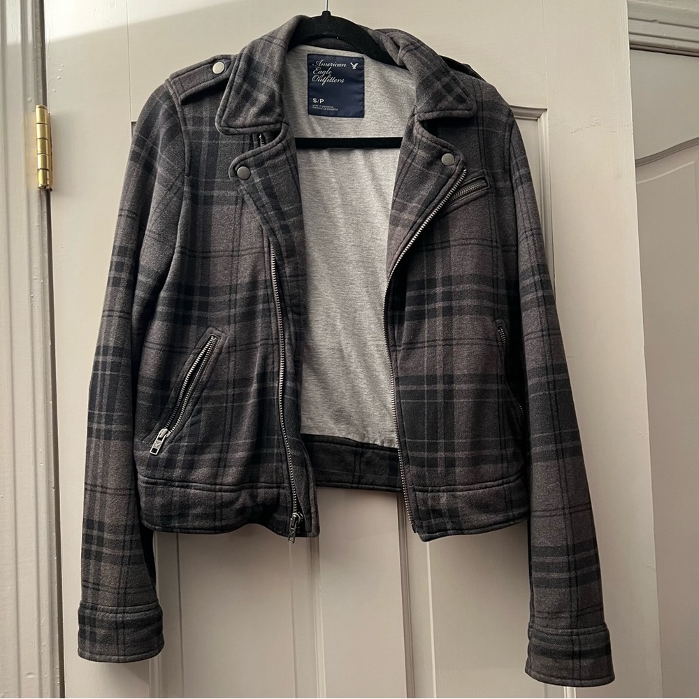 American Eagle Outfitters Grey Plaid Moto Style Zip up Jacket Small